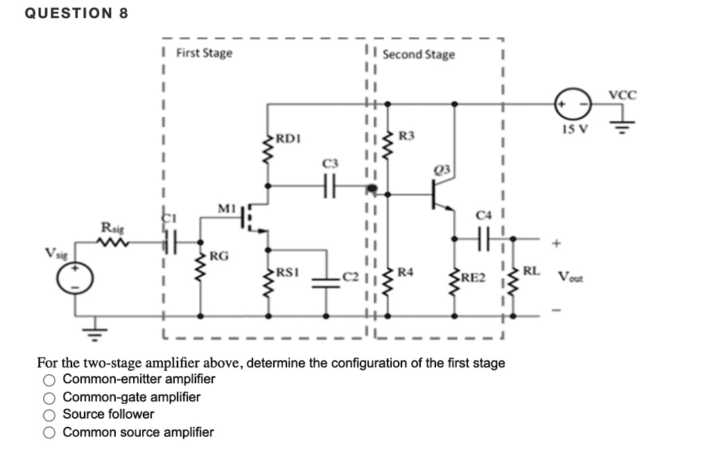 SOLVED: QUESTION 8 First Stage Second Stage VCC ISV RDI RG RSI REZ RL ...