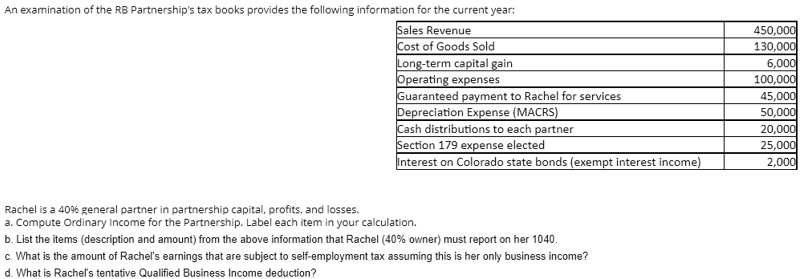 An examination of the RB Partnership's tax books provides the following information for the current year:
Sales Revenue
450,000
Cost of Goods Sold
130,000
Long-term capital gain
6,000
Operating expenses
100,000
Guaranteed payment to Rachel for services
45,000
Depreciation Expense (MACRS)
50,000
Cash distributions to each partner
20,000
Section 179 expense elected
25,000
Interest on Colorado state bonds (exempt interest income)
2,000
Rachel is a 40% general partner in partnership capital, profits, and losses.
a. Compute Ordinary Income for the Partnership. Label each item in your calculation.
b. List the items (description and amount) from the above information that Rachel (40% owner) must report on her 1040.
c. What is the amount of Rachel's earnings that are subject to self-employment tax assuming this is her only business income?
d. What is Rachel's tentative Qualified Business Income deduction?