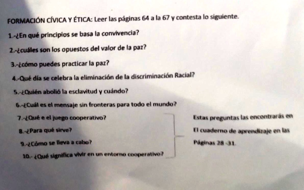 SOLVED: FORMACIÓN CIVICA Y ÉTICA: Leer las páginas 64 a la 67 y