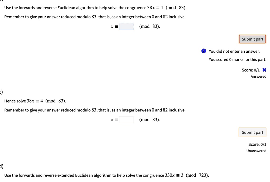 SOLVED: Use the forwards and reverse Euclidean algorithm to help solve ...