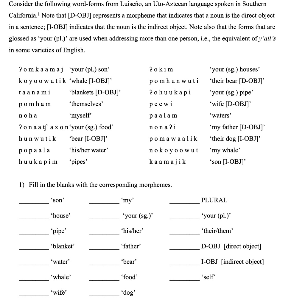 1. Examine the following data from Luiseño, a