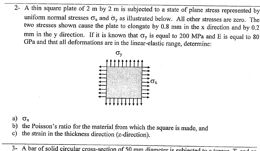 2- A thin square plate of 2 m by 2 m is subjected to a state of plane ...