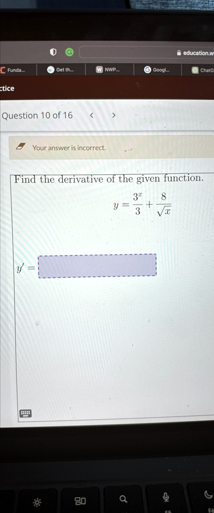 Find the derivative of the given function.

y = (3x)/(3) + (8)/(√(x))