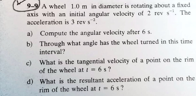 SOLVED: 9-9 wheel 1.0 m in diameter is rotating about fixed axis with ...