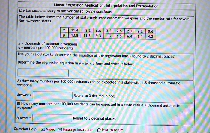linear regression application interpolation and extrapolation use the data and story to answer the following questions the table below shows the number of state registered automatic weapons  74643