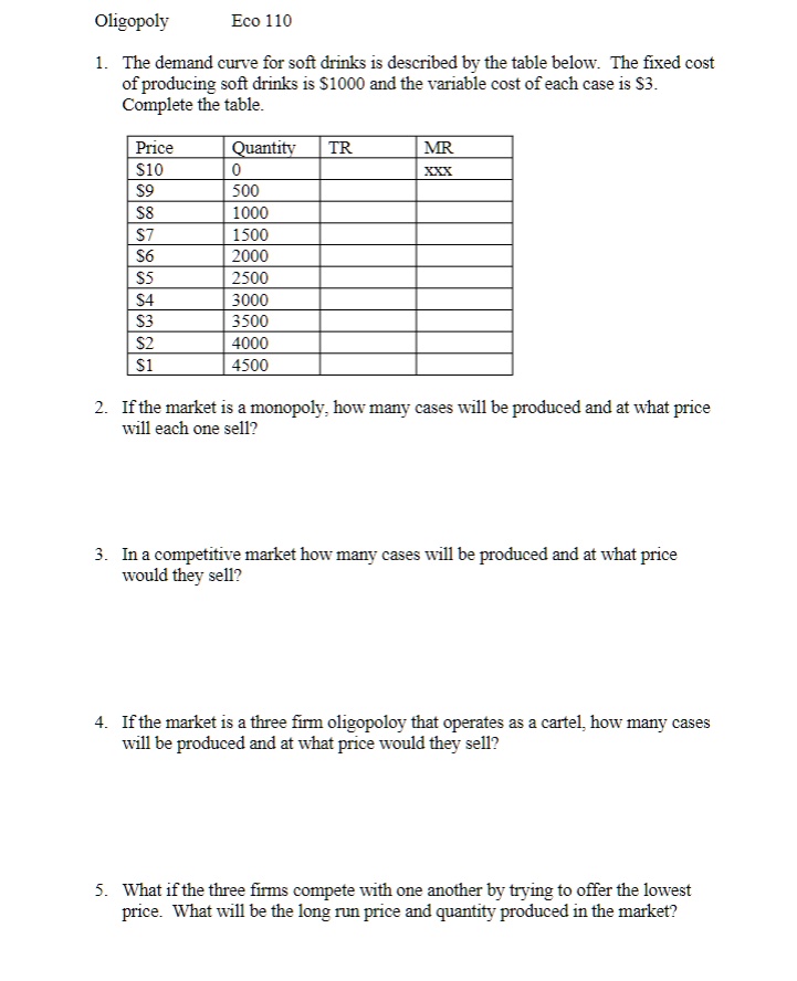 SOLVED: Texts: Oligopoly Eco 110 1. The demand curve for soft drinks is ...