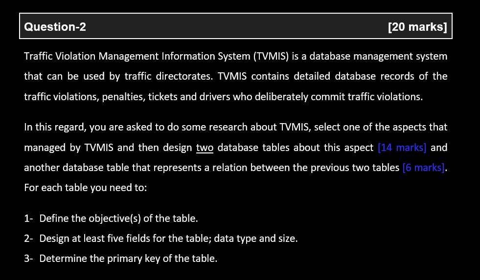 SOLVED Question2 [20 marks] Traffic Violation Management Information