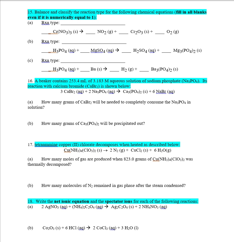 SOLVED: 15. Balance and classify the reaction type for the following ...