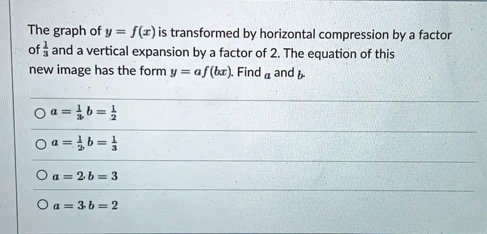 Vertically Expanded Graph SOLVED: The graph of y = f(x) is transformed by horizontal compression ...