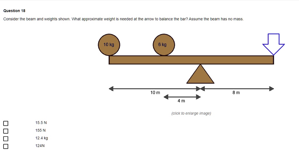 Consider the beam and weights shown. What approximate weight is needed