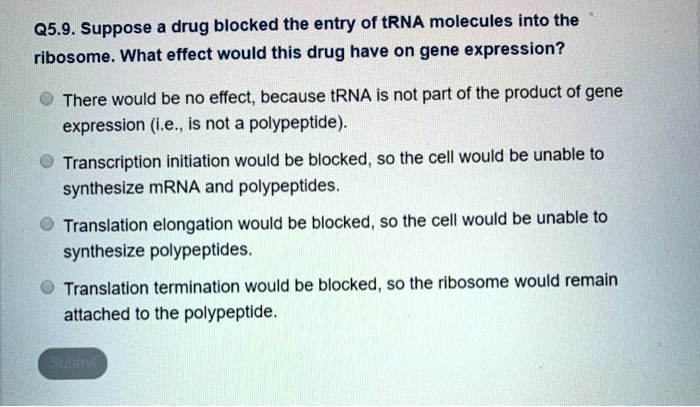 Q5.9. Suppose a drug blocked the entry of tRNA molecules into the ribosome. What effect would this drug have on gene expression?

There would be no effect, because tRNA is not part of the product of gene expression (i.e., is not a polypeptide).

Transcription initiation would be blocked, so the cell would be unable to synthesize mRNA and polypeptides.

Translation elongation would be blocked, so the cell would be unable to synthesize polypeptides.

Translation termination would be blocked, so the ribosome would remain attached to the polypeptide.