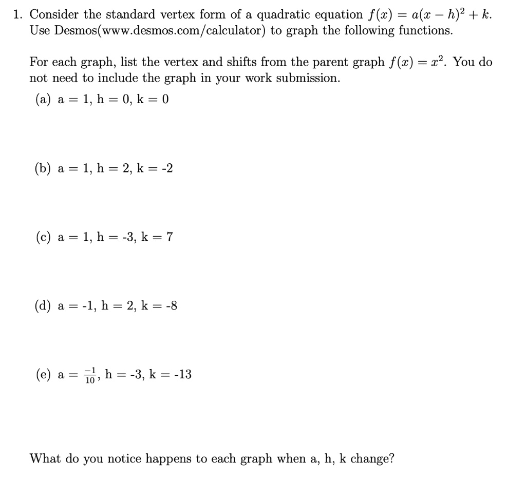 Solved 1 Consider The Standard Vertex Form Of Quadratic Equation F C A X H 2 K Use Desmos Www Desmos Com Calculator To Graph The Following Functions For Each Graph List The Vertex And Shifts From