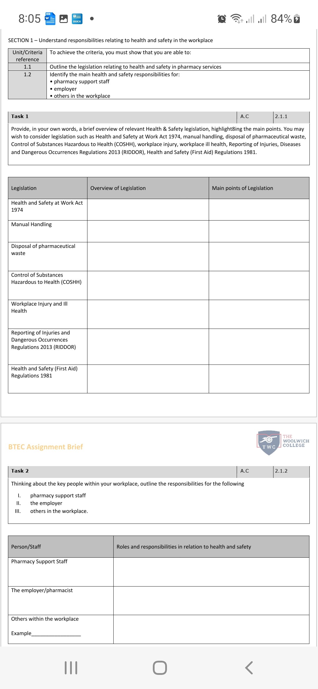 SOLVED: SECTION 1 - Understand responsibilities relating to health and ...