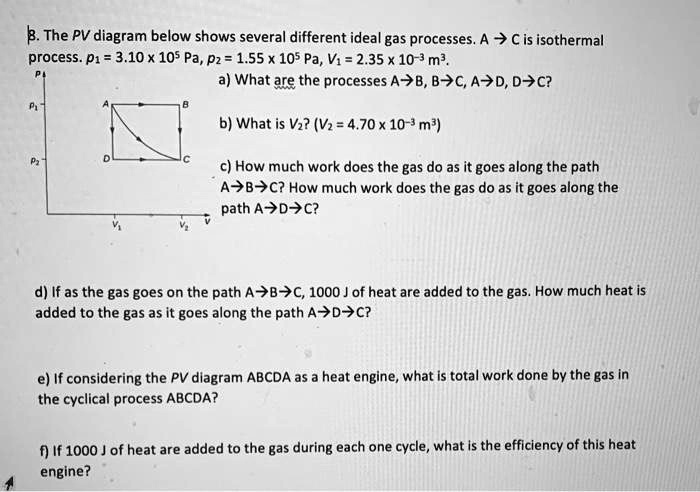 B. The PV diagram below shows several different ideal gas processes. A ? C is isothermal process. p? = 3.10 x 10? Pa, p? = 1.55 x 10? Pa, V? = 2.35 x 10?³ m³.

a) What are the processes A?B, B?C, A?D, D?C?
b) What is V?? (V? = 4.70 x 10?³ m³)
c) How much work does the gas do as it goes along the path A?B?C? How much work does the gas do as it goes along the path A?D?C?
d) If as the gas goes on the path A?B?C, 1000 J of heat are added to the gas. How much heat is added to the gas as it goes along the path A?D?C?
e) If considering the PV diagram ABCDA as a heat engine, what is total work done by the gas in the cyclical process ABCDA?
f) If 1000 J of heat are added to the gas during each one cycle, what is the efficiency of this heat engine?