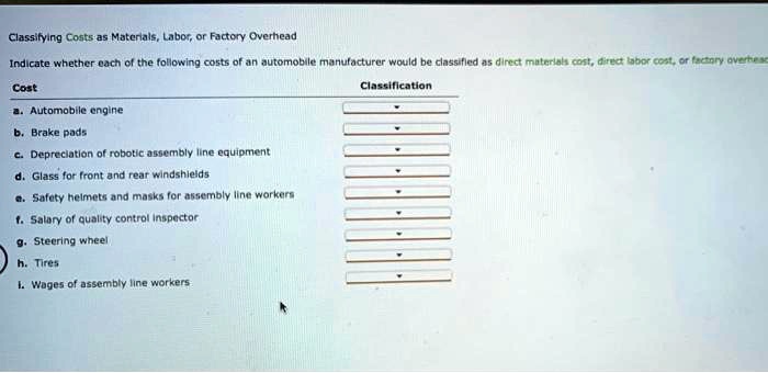 The Costs Of Direct Materials Are Classified As Classifying Costs as Materials, Labor, or Factory Overhead Indicate