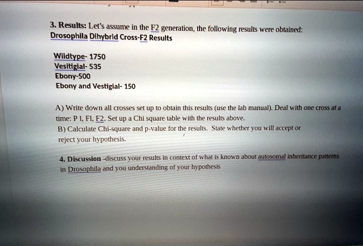 3. Results: Let's assume in the F2 generation, the following results were obtained:
Drosophila Dihybrid Cross-F2 Results

Wildtype- 1750
Vesitigial- 535
Ebony-500
Ebony and Vestigial- 150

A) Write down all crosses set up to obtain this results (use the lab manual). Deal with one cross at a time: P 1, F1, F2. Set up a Chi square table with the results above.
B) Calculate Chi-square and p-value for the results. State whether you will accept or reject your hypothesis.

4. Discussion -discuss your results in context of what is known about autosomal inheritance patterns in Drosophila and you understanding of your hypothesis