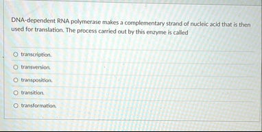 dna dependent rna polymerase makes a complementary strand of nucleic acid that is then used for translation the process carried out by this enzyme is called transcription transversion transp 51555