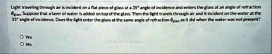 light traveling through air is incident on a flat piece of glass at a 35circ angle of incidence and enters the glass at an angle of refraction thetaglass suppose that a layer of water is ad 28015