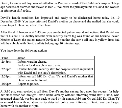 how to write an incident report that submitted to the nurse in charge what components should be included please take the following scenario as an example to formulate an incident report davi 20682