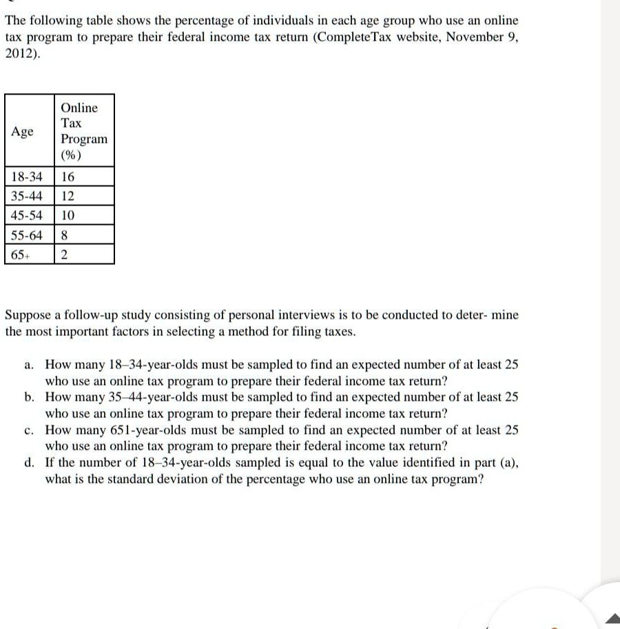 SOLVED: The following table shows the percentage of individuals in each ...