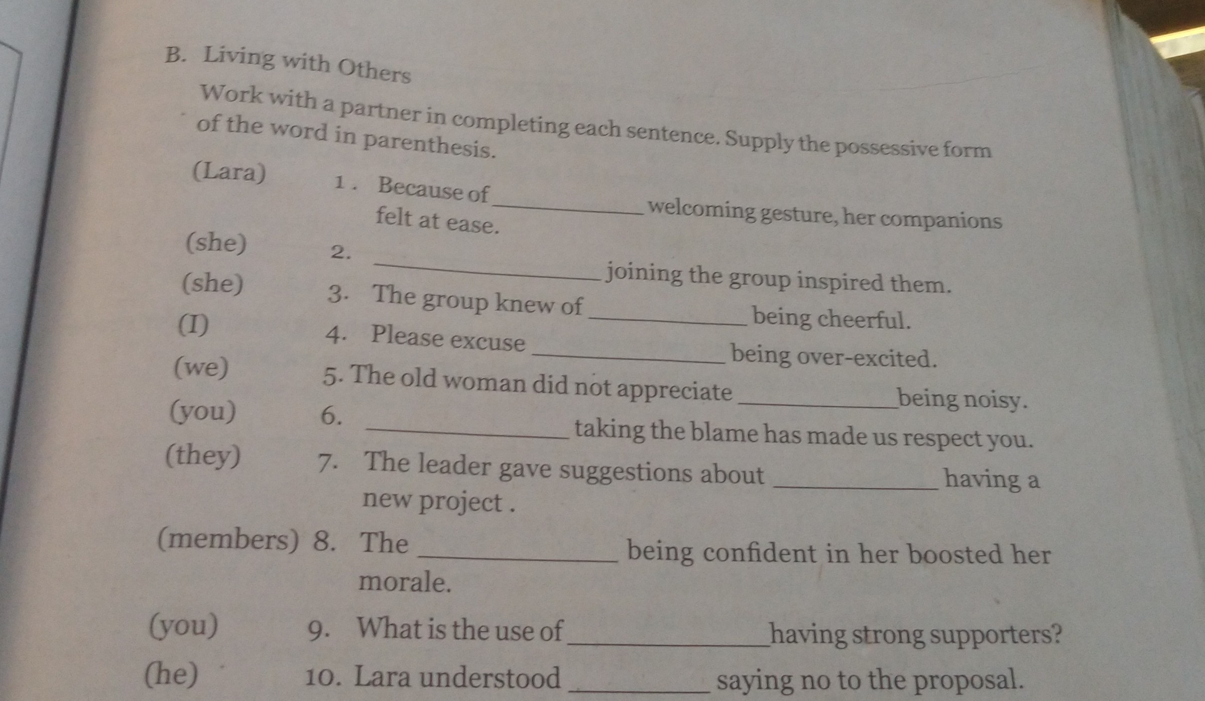 B. Living with Others Work with a partner in completing each sentence ...