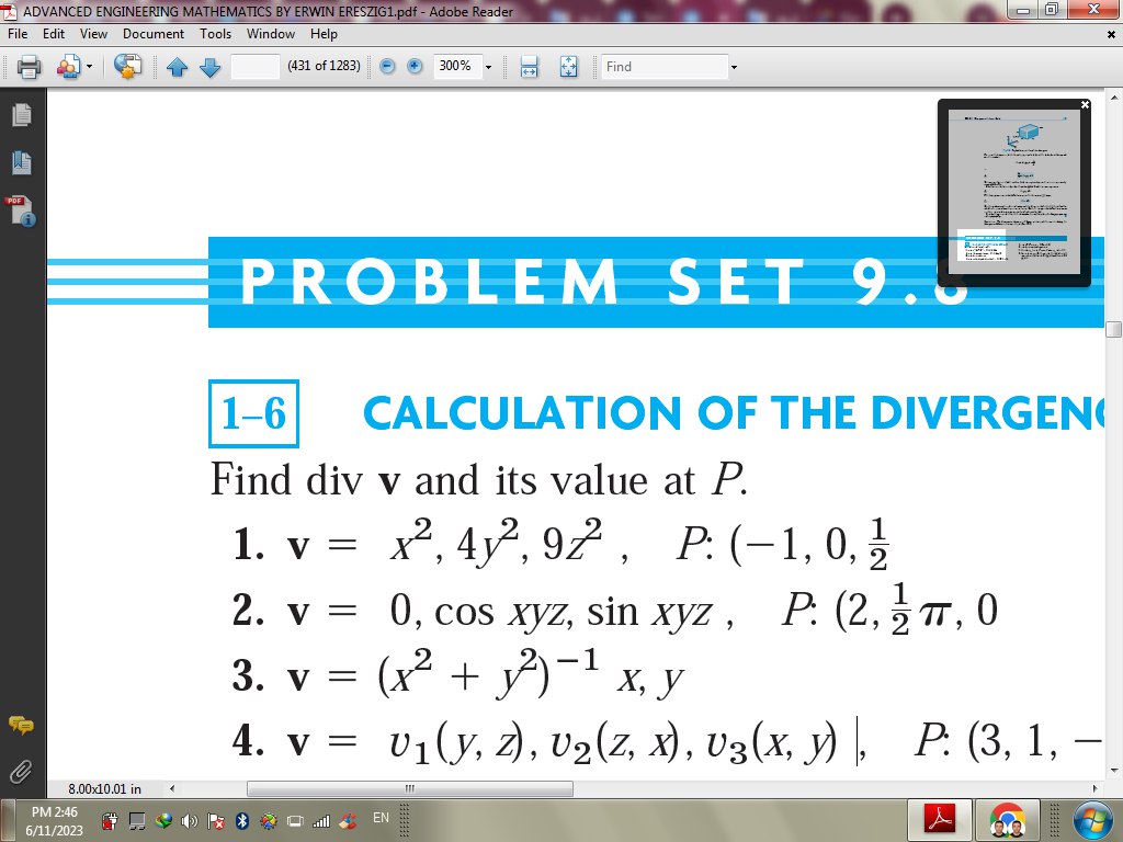 PROBLEM SET 9.5 1-6 CALCULATION OF THE DIVERGENCE Find div v