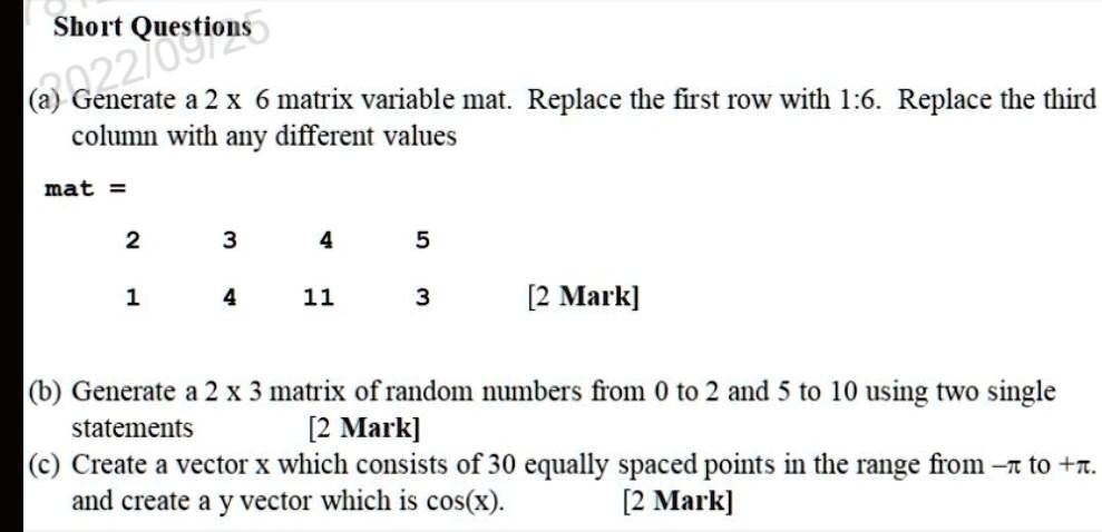 SOLVED Short Questions 022 0912 a Generate a 2x6 matrix variable