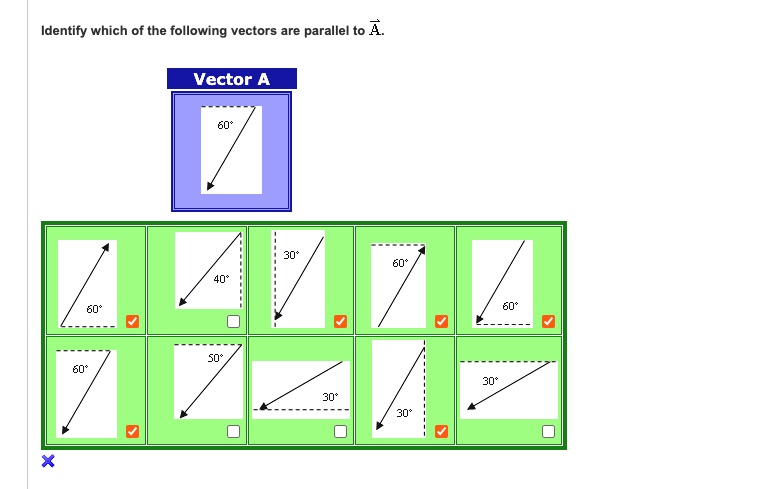SOLVED: Identify which of the following vectors are parallel to A Vector A