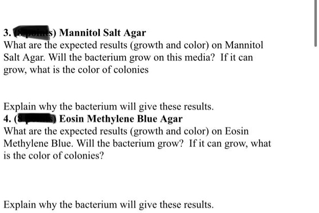 3. Mannitol Salt Agar
What are the expected results (growth and color) on Mannitol Salt Agar. Will the bacterium grow on this media? If it can grow, what is the color of colonies

Explain why the bacterium will give these results.
4. Eosin Methylene Blue Agar
What are the expected results (growth and color) on Eosin Methylene Blue. Will the bacterium grow? If it can grow, what is the color of colonies?

Explain why the bacterium will give these results.