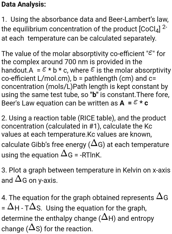 Data Analysis Using the absorbance data and BeerLambert's law, the