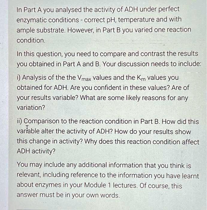 Solved In Part A you analysed the activity of ADH under