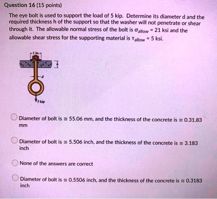 The eye bolt is used to support the load of 5 kip. Determine its
