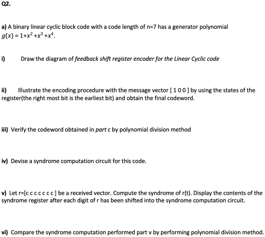 Solved A A Binary Linear Cyclic Block Code With A Code Length Of N