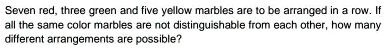 Seven red, three green and five yellow marbles are to be arranged in a row. If all the same color marbles are not distinguishable from each other, how many different arrangements are possible?