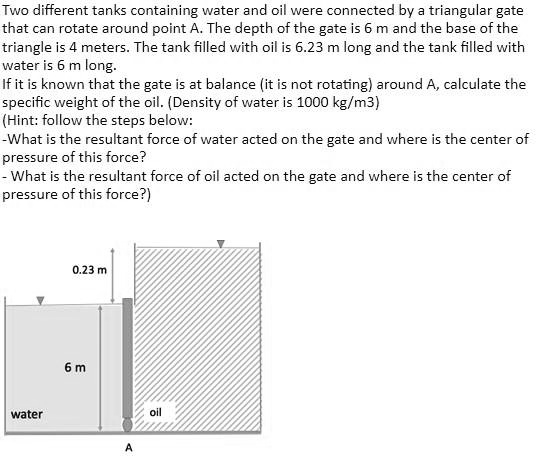 Two different tanks containing water and oil were connected by a triangular gate that can rotate around point A. The depth of the gate is 6 m and the base of the triangle is 4 meters. The tank filled with oil is 6.23 m long and the tank filled with water is 6 m long.
If it is known that the gate is at balance (it is not rotating) around A, calculate the specific weight of the oil. (Density of water is 1000 kg/m3)
(Hint: follow the steps below:
-What is the resultant force of water acted on the gate and where is the center of pressure of this force?
- What is the resultant force of oil acted on the gate and where is the center of pressure of this force?)