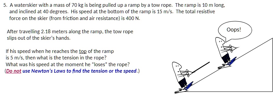 5. A waterskier with a mass of 70 kg is being pulled up a ramp by a tow rope. The ramp is 10 m long,
and inclined at 40 degrees. His speed at the bottom of the ramp is 15 m/s. The total resistive
force on the skier (from friction and air resistance) is 400 N.
After travelling 2.18 meters along the ramp, the tow rope
slips out of the skier's hands.
If his speed when he reaches the top of the ramp
is 5 m/s, then what is the tension in the rope?
What was his speed at the moment he "loses" the rope?
(Do not use Newton's Laws to find the tension or the speed.)