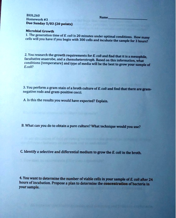 SOLVED:BIOLZ6O Homework #3 Due Sunday 5/03 (20 polnts) Mlcrobial Growth ...