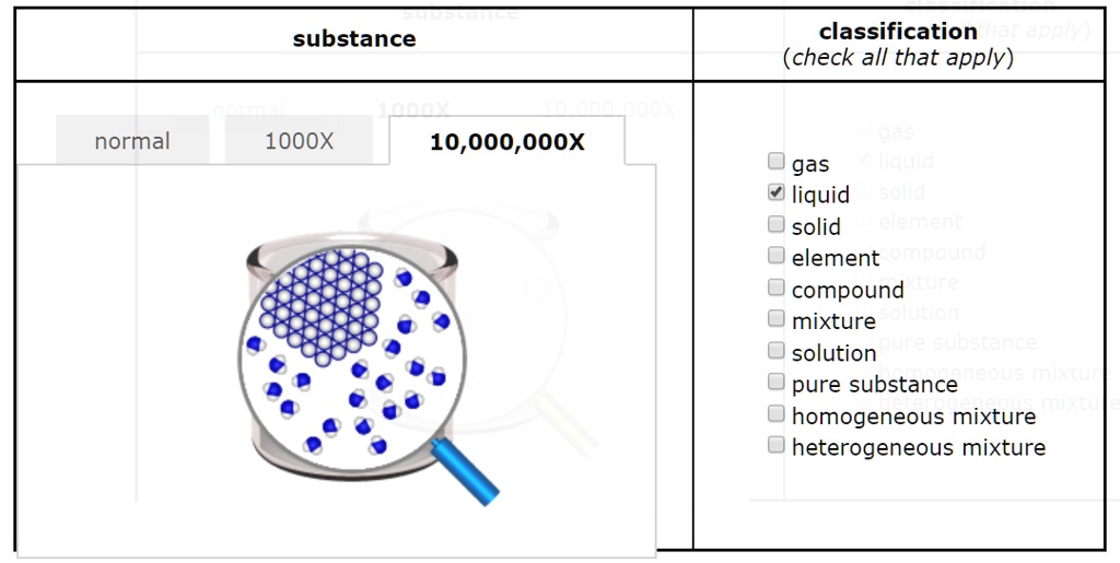 substance classification check all that apply  10000ooox normal 1000x gas liquid solid element compound mixture solution pure substance homogeneous mixture heterogeneous mixture 29409