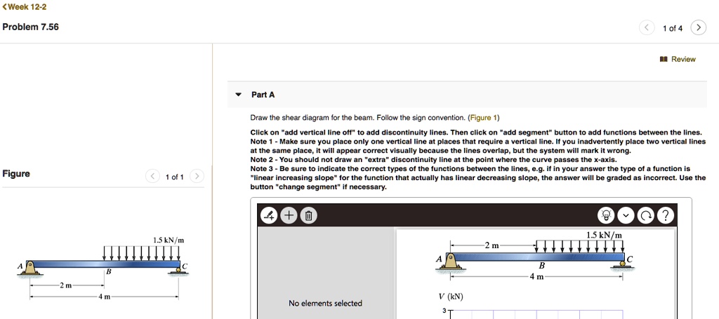 Problem 7.56
Part A
Draw the shear diagram for the beam. Follow the sign convention. (Figure 1)
Click on "add vertical line off" to add discontinuity lines. Then click on "add segment" button to add functions between the lines.
Note 1 - Make sure you place only one vertical line at places that require a vertical line. If you inadvertently place two vertical lines at the same place, it will appear correct visually because the lines overlap, but the system will mark it wrong.
Note 2 - You should not draw an "extra" discontinuity line at the point where the curve passes the x-axis.
Note 3 - Be sure to indicate the correct types of the functions between the lines, e.g. if in your answer the type of a function is "linear increasing slope" for the function that actually has linear decreasing slope, the answer will be graded as incorrect. Use the button "change segment" if necessary.
