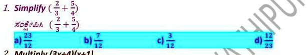 1. Simplify (2)/(3) + (5)/(4)?????????? (2)/(3) + (5)/(4)
2. Multiply (3x+4)(x+1)
