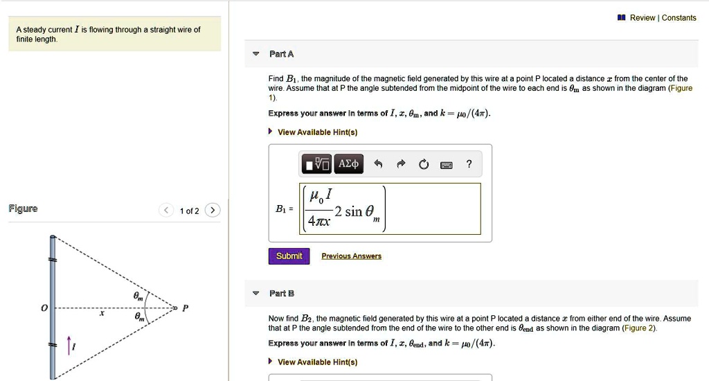 Review Constants Steady Current Finite Length Flowing Through Straight Wire Of Para Find B1 The 0133