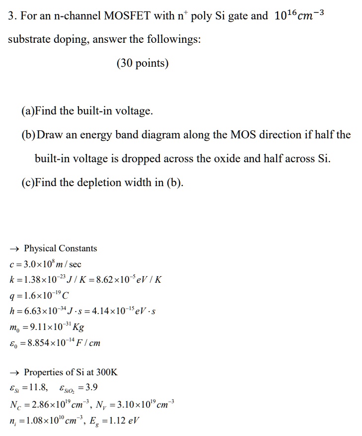 3. For an n-channel MOSFET with n? poly Si gate and 10¹?cm?³ substrate ...