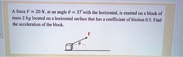 A force F = 20 N, at an angle ? = 37° with the horizontal, is exerted on a block of mass 2 kg located on a horizontal surface that has a coefficient of friction 0.5. Find the acceleration of the block.