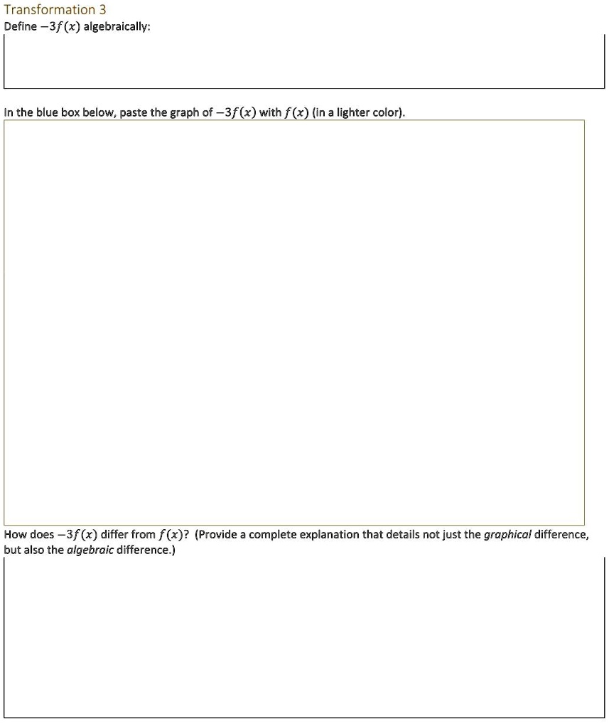 SOLVED: Transformation 3: Define -3f(x) algebraically: In the blue box ...