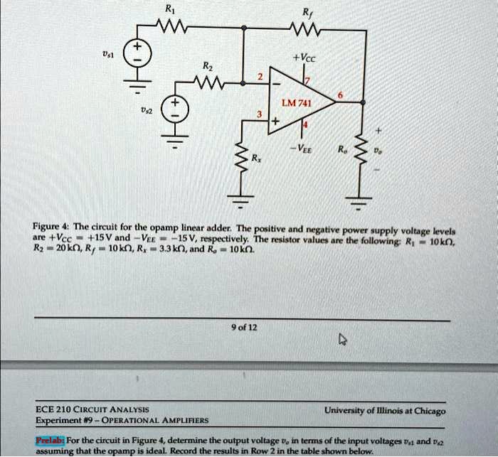 Figure 4: The circuit for the opamp linear adder. The positive and negative power supply voltage levels are +Vcc = +15V and -Vee = -15V, respectively. The resistor values are the following: R1 = 10k?, R2 = 20 k?, Rf = 10 k?, Rx = 3.3 k?, and Ro = 10 k?
ECE 210 CIRCUIT ANALYSIS
Experiment #9 - OPERATIONAL AMPLIFIERS
University of Illinois at Chicago
Prelab: For the circuit in Figure 4, determine the output voltage vo in terms of the input voltages v1 and v2 assuming that the opamp is ideal. Record the results in Row 2 in the table shown below.