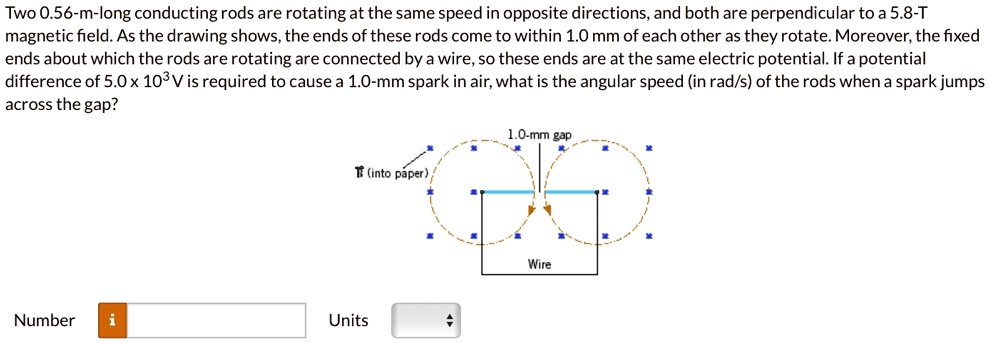 two 056 m long conducting rods are rotating at the same speed in opposite directions and both are perpendicular to a 58 t magnetic field as the drawing shows the ends of these rods come to w 54854