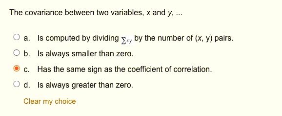 SOLVED: The covariance between two variables, xand y; computed by ...