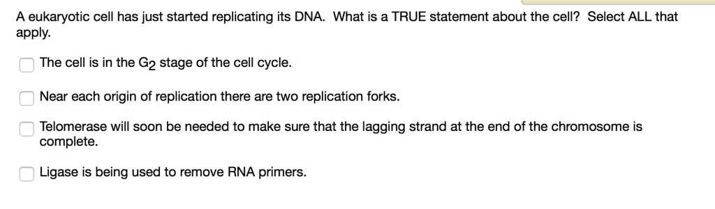 A eukaryotic cell has just started replicating its DNA. What is a TRUE statement about the cell? Select ALL that
apply.
The cell is in the G2 stage of the cell cycle.
Near each origin of replication there are two replication forks.
Telomerase will soon be needed to make sure that the lagging strand at the end of the chromosome is
complete.
Ligase is being used to remove RNA primers.