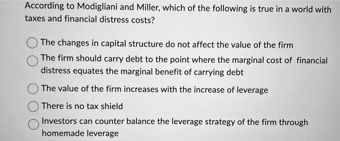 According to Modigliani and Miller, which of the following is true in a world with
taxes and financial distress costs?
The changes in capital structure do not affect the value of the firm
The firm should carry debt to the point where the marginal cost of financial
distress equates the marginal benefit of carrying debt
The value of the firm increases with the increase of leverage
There is no tax shield
Investors can counter balance the leverage strategy of the firm through
homemade leverage