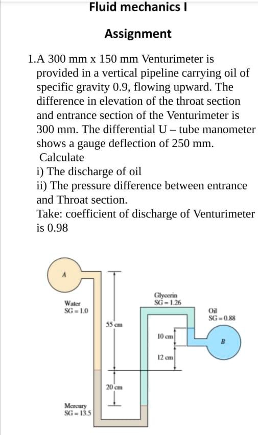 SOLVED: Fluid mechanicsI Assignment 1.A 300 mm x 150 mm Venturimeter is ...